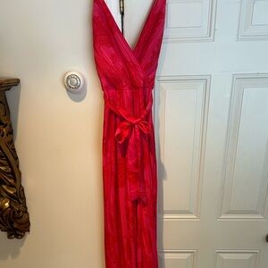 Beyond Words pink floral flower pleated wrap front wide leg jumpsuit Sz S NWT